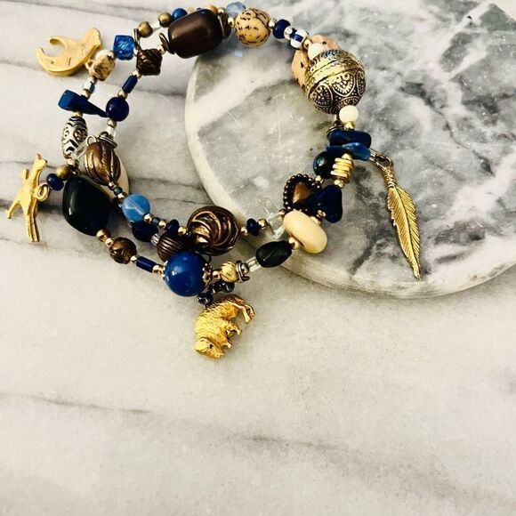 Double Wrap Gemstone Bracelet | Blue Beaded Gold Dangle Charms | Native American - Picture 3 of 6